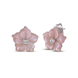 Pink Mother-of-Pearl & White Lab-Created Sapphire Flower Stud Earrings Sterling Silver