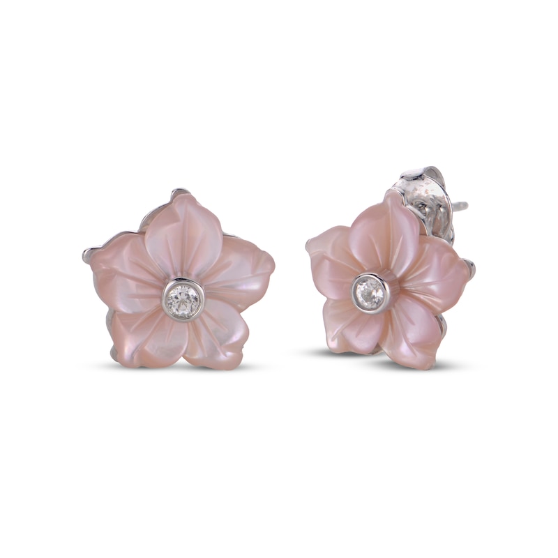 Main Image 1 of Pink Mother-of-Pearl & White Lab-Created Sapphire Flower Stud Earrings Sterling Silver