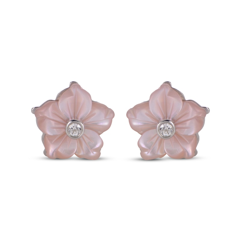 Main Image 2 of Pink Mother-of-Pearl & White Lab-Created Sapphire Flower Stud Earrings Sterling Silver