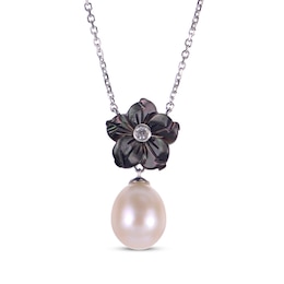 Black Mother-of-Pearl, Cultured Pearl & White Lab-Created Sapphire Flower Necklace Sterling Silver 18&quot;