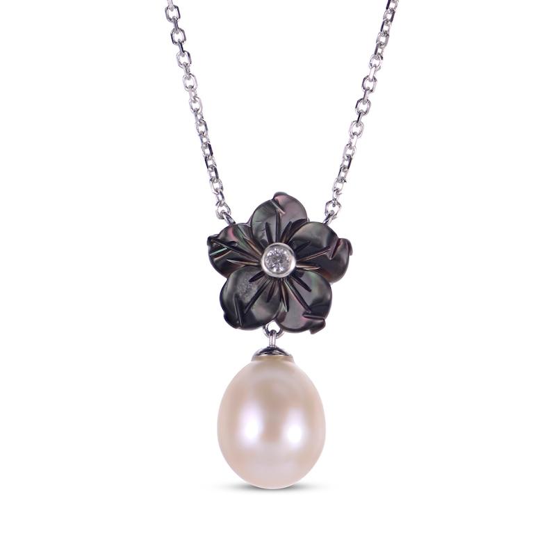 Main Image 1 of Black Mother-of-Pearl, Cultured Pearl & White Lab-Created Sapphire Flower Necklace Sterling Silver 18&quot;