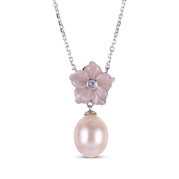 Pink Mother-of-Pearl, Cultured Pearl & White Lab-Created Sapphire Flower Necklace Sterling Silver 18&quot;