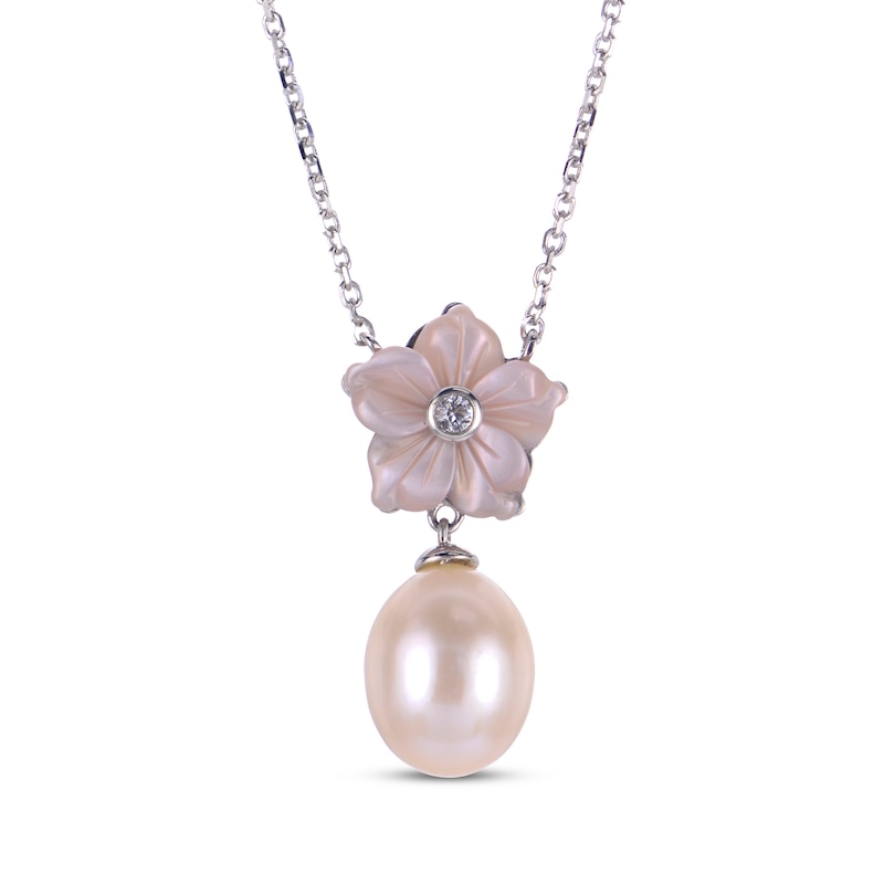 Main Image 1 of Pink Mother-of-Pearl, Cultured Pearl & White Lab-Created Sapphire Flower Necklace Sterling Silver 18&quot;