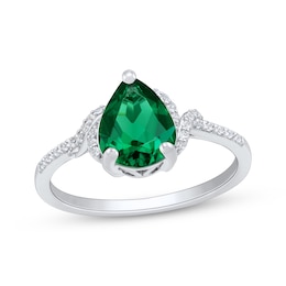 Pear-Shaped Lab-Created Emerald & White Lab-Created Sapphire Ring Sterling Silver