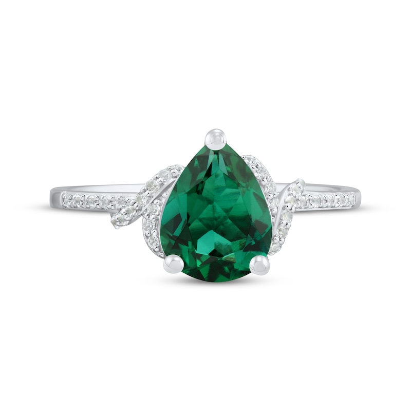 Main Image 3 of Pear-Shaped Lab-Created Emerald & White Lab-Created Sapphire Ring Sterling Silver