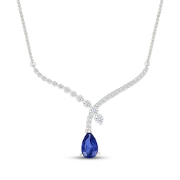 Pear-Shaped Blue Lab-Created Sapphire & White Lab-Created Sapphire Chevron Drop Necklace Sterling Silver 18&quot;