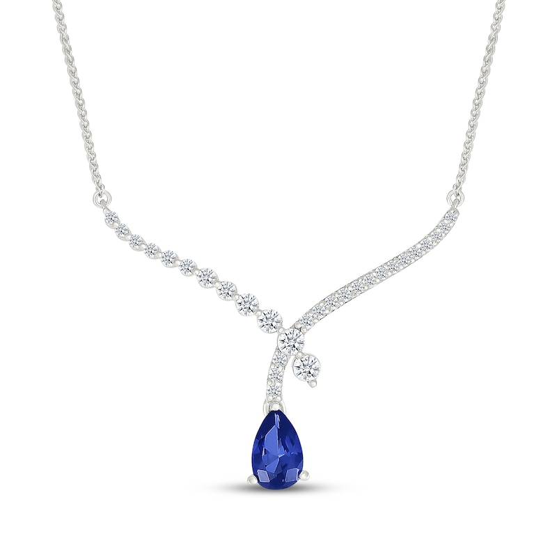 Main Image 1 of Pear-Shaped Blue Lab-Created Sapphire & White Lab-Created Sapphire Chevron Drop Necklace Sterling Silver 18&quot;