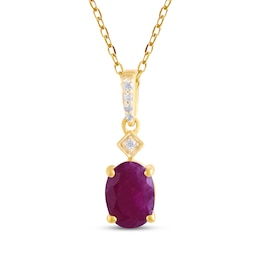 Oval-Cut Natural Ruby & Diamond Drop Necklace 1/20 ct tw 14K Yellow Gold 18&quot;