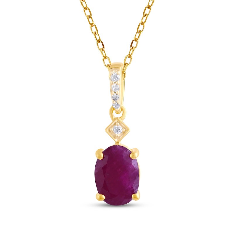 Main Image 1 of Oval-Cut Natural Ruby & Diamond Drop Necklace 1/20 ct tw 14K Yellow Gold 18&quot;