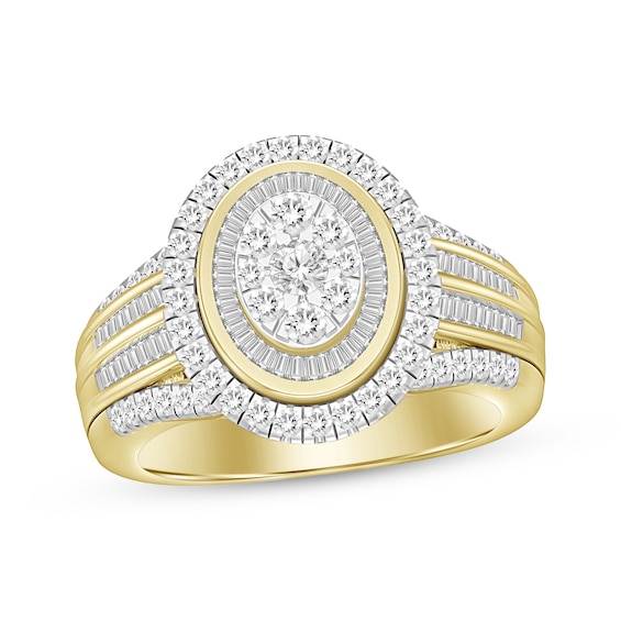 Round & Baguette-Cut Multi-Diamond Center Oval Engagement Ring 1 ct tw 10K Yellow Gold