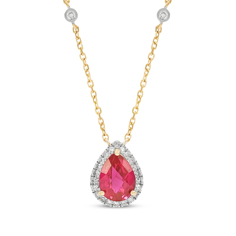 Main Image 1 of Pear-Shaped Lab-Created Ruby & Diamond Necklace 1/6 ct tw 10K Yellow Gold 18&quot;