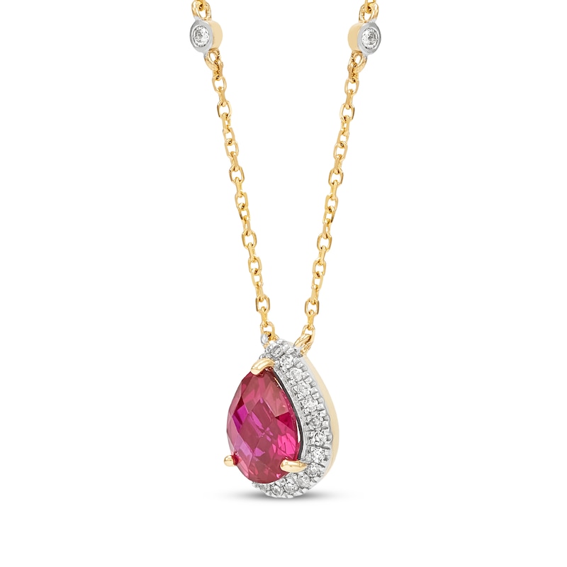 Main Image 2 of Pear-Shaped Lab-Created Ruby & Diamond Necklace 1/6 ct tw 10K Yellow Gold 18&quot;