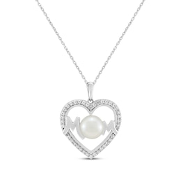 Cultured Pearl & White Lab-Created Sapphire &quot;Mom&quot; Heart Necklace Sterling Silver 18&quot;