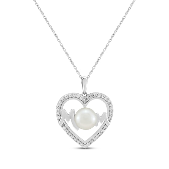 Cultured Pearl & White Lab-Created Sapphire "Mom" Heart Necklace Sterling Silver 18"