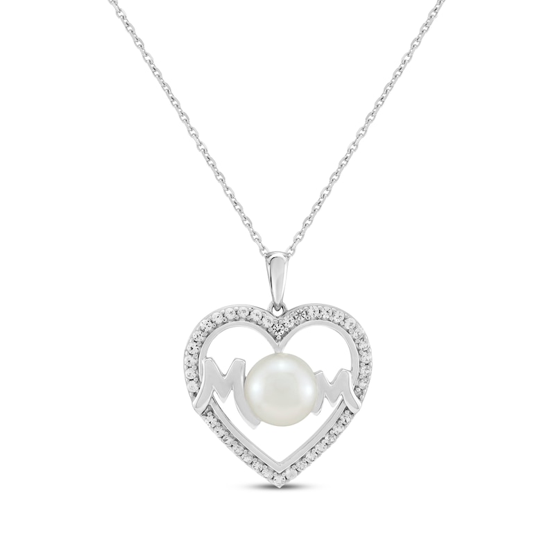 Main Image 1 of Cultured Pearl & White Lab-Created Sapphire &quot;Mom&quot; Heart Necklace Sterling Silver 18&quot;