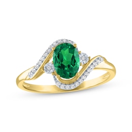 Oval-Cut Lab-Created Emerald & Diamond Bypass Ring 1/15 ct tw 10K Yellow Gold