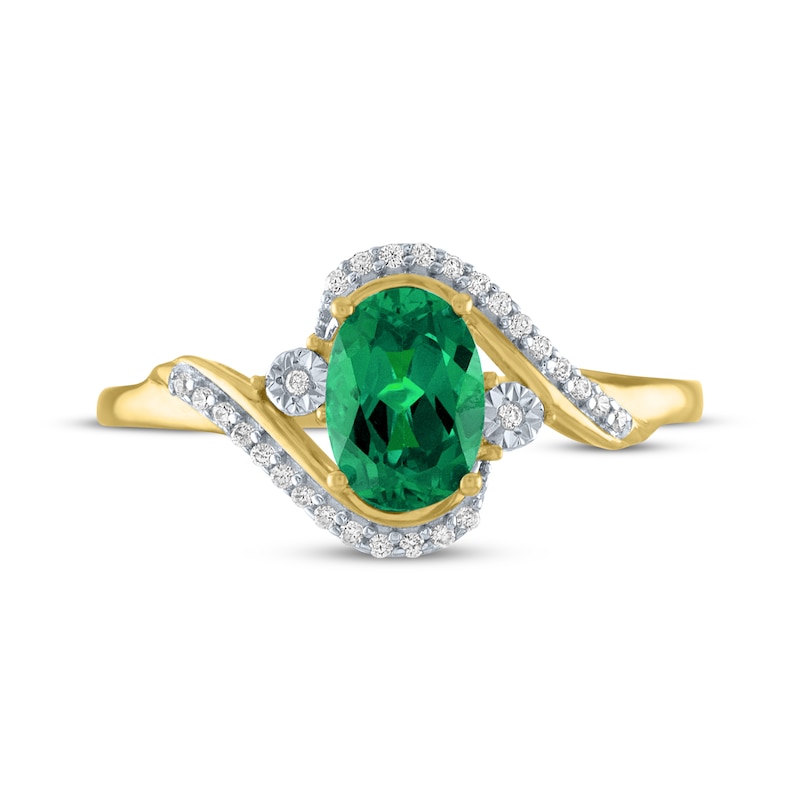 Oval-Cut Lab-Created Emerald & Diamond Bypass Ring 1/15 ct tw 10K Yellow Gold