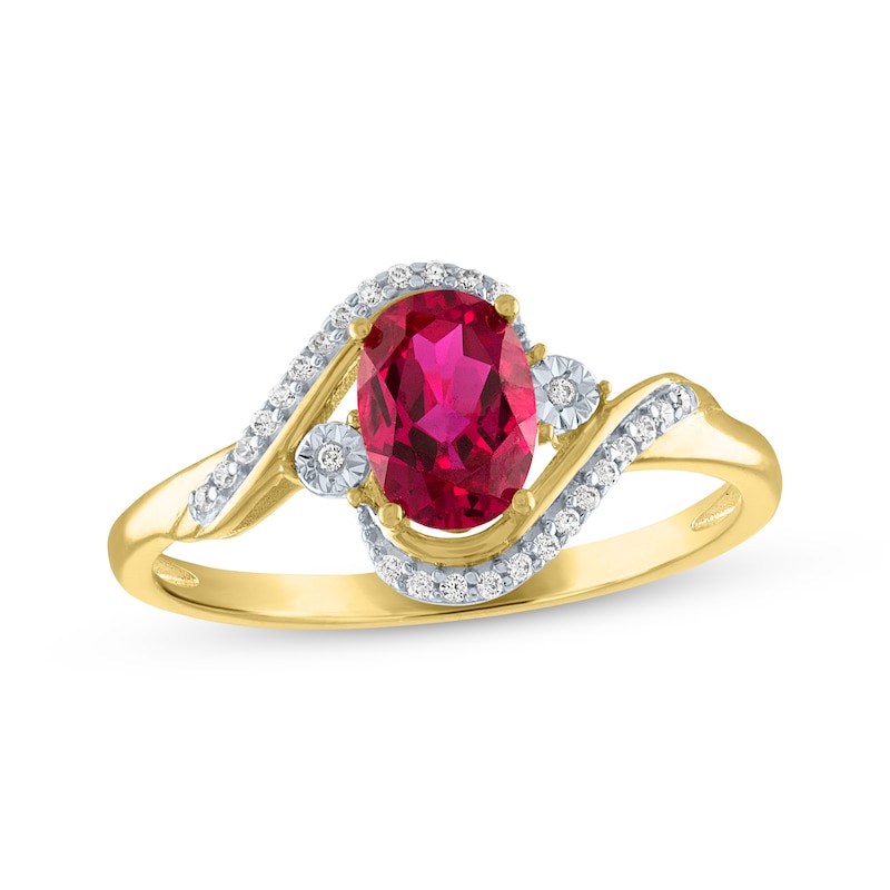 Main Image 1 of Oval-Cut Lab-Created Ruby & Diamond Bypass Ring 1/15 ct tw 10K Yellow Gold