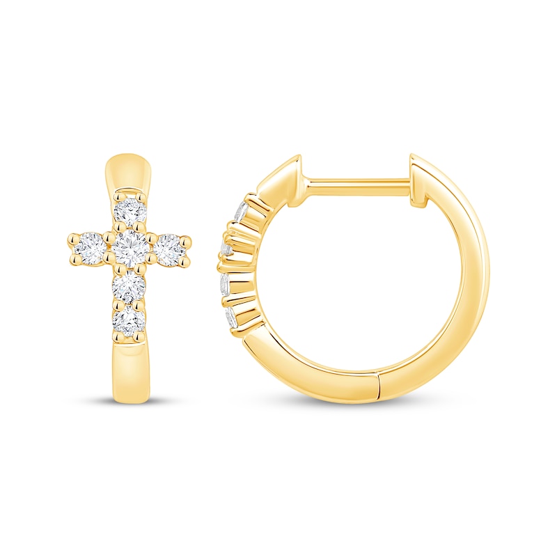 Main Image 3 of Diamond Cross Hoop Earrings 1/4 ct tw 10K Yellow Gold