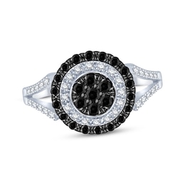 Black & White Multi-Diamond Center Halo Ring 1/2 ct tw Sterling Silver