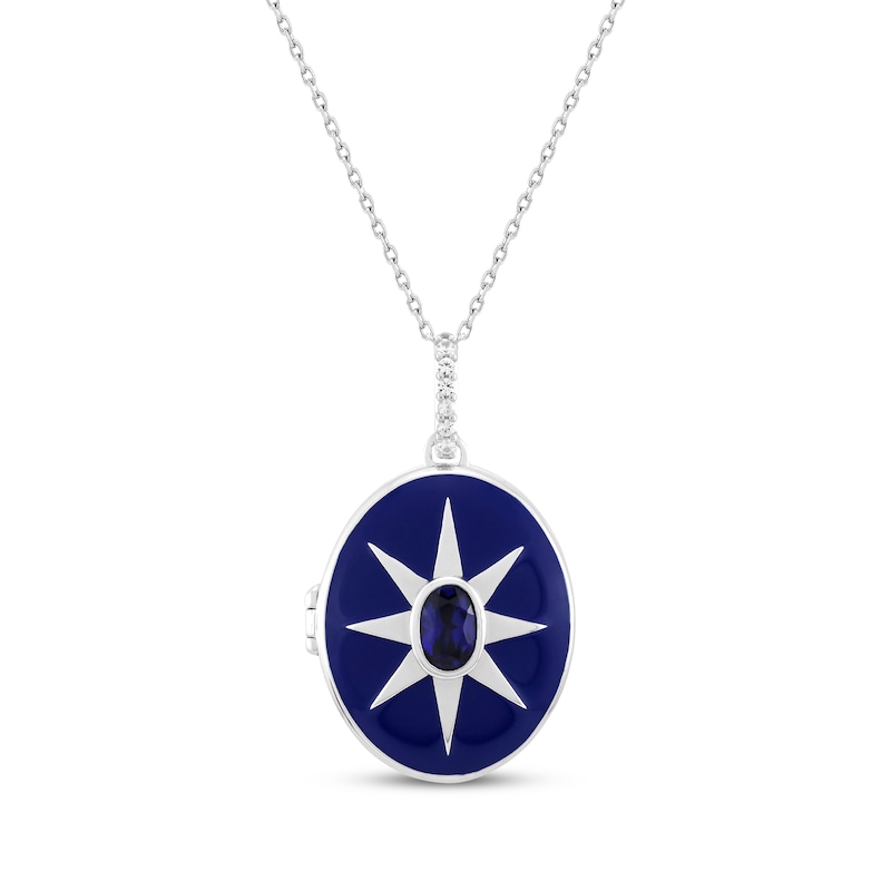 Main Image 1 of Enamel & Oval-Cut Blue Lab-Created Sapphire Star Locket Necklace Sterling Silver 18&quot;