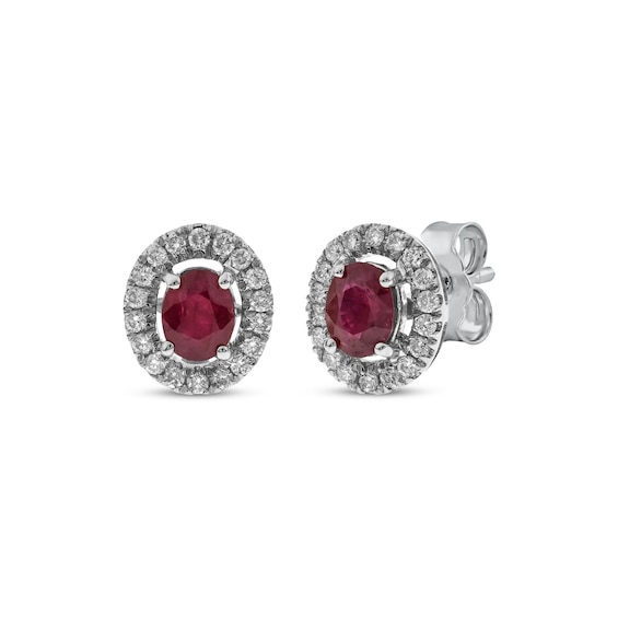 Oval-Cut Natural Ruby & Diamond Halo Stud Earrings 1/6 ct tw 10K White Gold