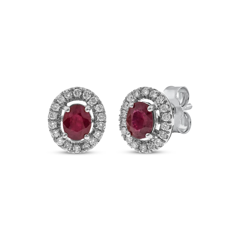 Main Image 1 of Oval-Cut Natural Ruby & Diamond Halo Stud Earrings 1/6 ct tw 10K White Gold