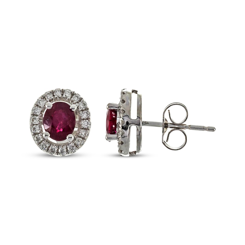 Main Image 3 of Oval-Cut Natural Ruby & Diamond Halo Stud Earrings 1/6 ct tw 10K White Gold