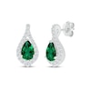 Thumbnail Image 1 of Pear-Shaped Lab-Created Emerald & White Lab-Created Sapphire Twist Halo Earrings Sterling Silver