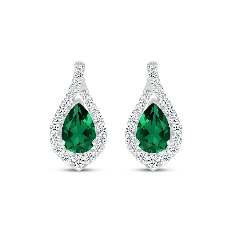 Main Image 2 of Pear-Shaped Lab-Created Emerald & White Lab-Created Sapphire Twist Halo Earrings Sterling Silver