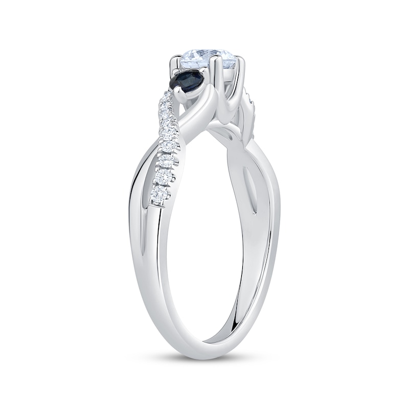 Main Image 2 of Memories Moments Magic Round-Cut Diamond & Blue Sapphire Three-Stone Engagement Ring 5/8 ct tw 14K White Gold