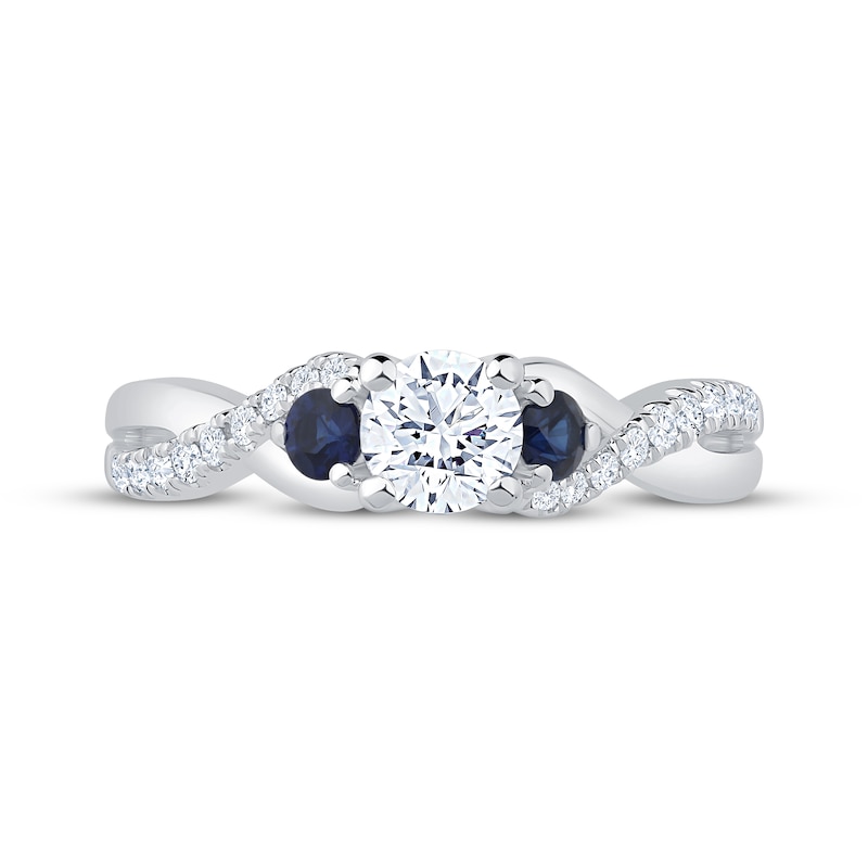 Main Image 3 of Memories Moments Magic Round-Cut Diamond & Blue Sapphire Three-Stone Engagement Ring 5/8 ct tw 14K White Gold