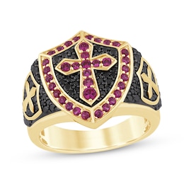 Men's Lab-Created Ruby & Black Diamond Cross Shield Ring 3/4 ct tw 10K Yellow Gold