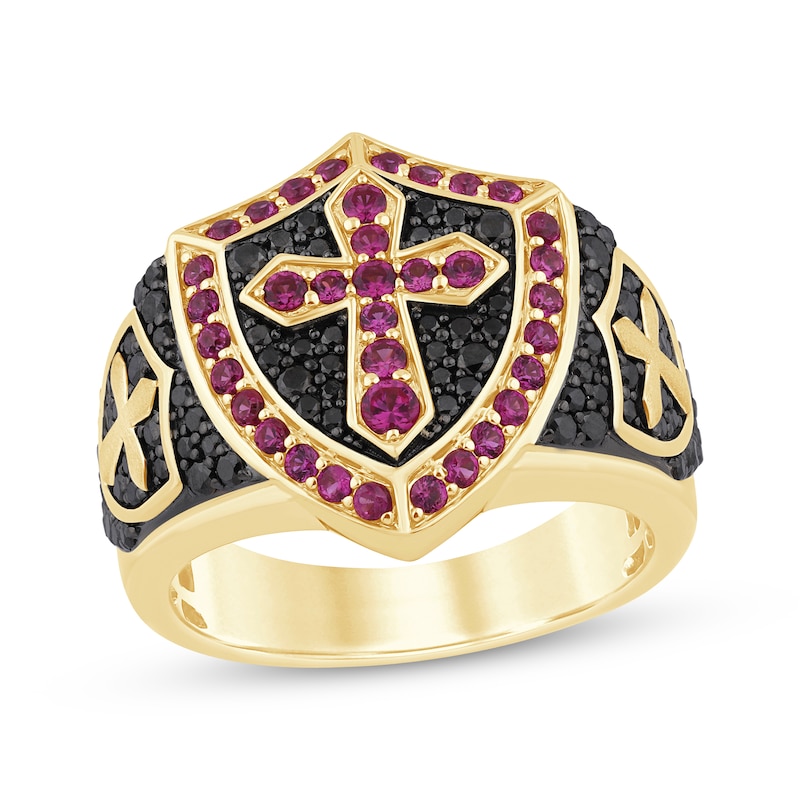 Main Image 1 of Men's Lab-Created Ruby & Black Diamond Cross Shield Ring 3/4 ct tw 10K Yellow Gold