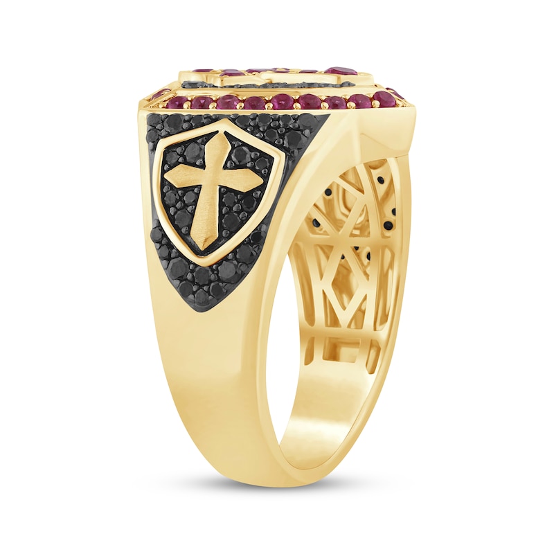 Main Image 2 of Men's Lab-Created Ruby & Black Diamond Cross Shield Ring 3/4 ct tw 10K Yellow Gold