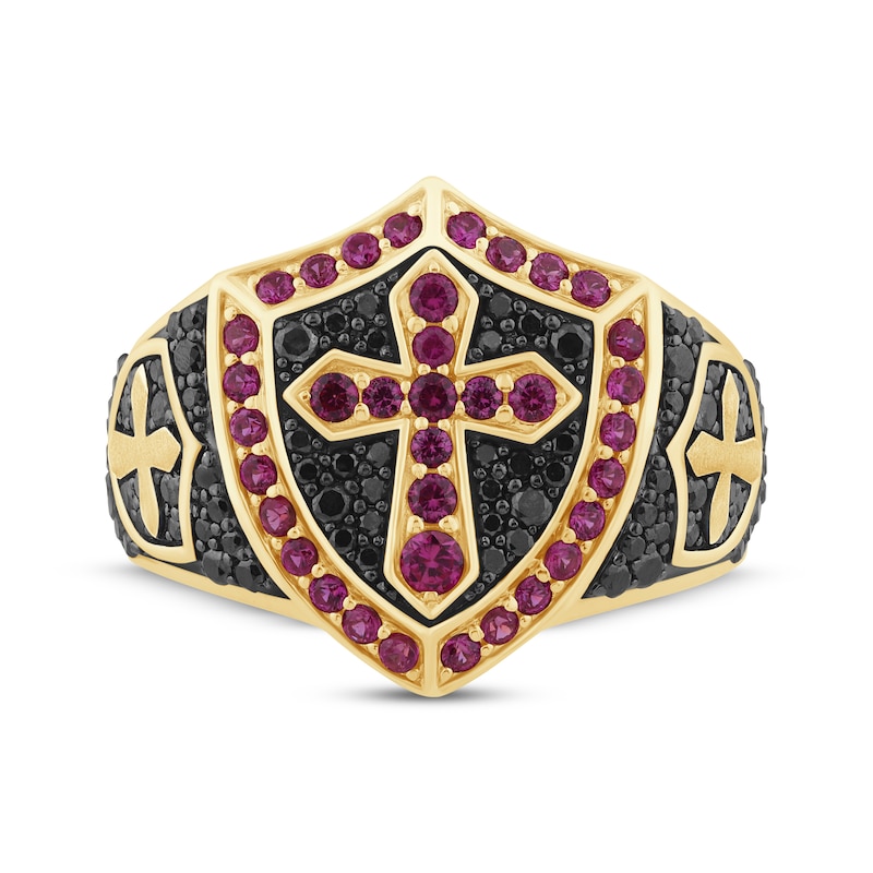 Main Image 3 of Men's Lab-Created Ruby & Black Diamond Cross Shield Ring 3/4 ct tw 10K Yellow Gold