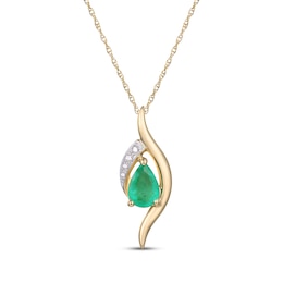 Pear-Shaped Natural Emerald & Diamond Accent Necklace 14K Yellow Gold