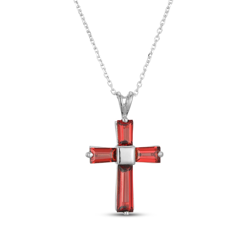 Main Image 1 of Baguette-Garnet Cross Necklace Sterling Silver 18&quot;