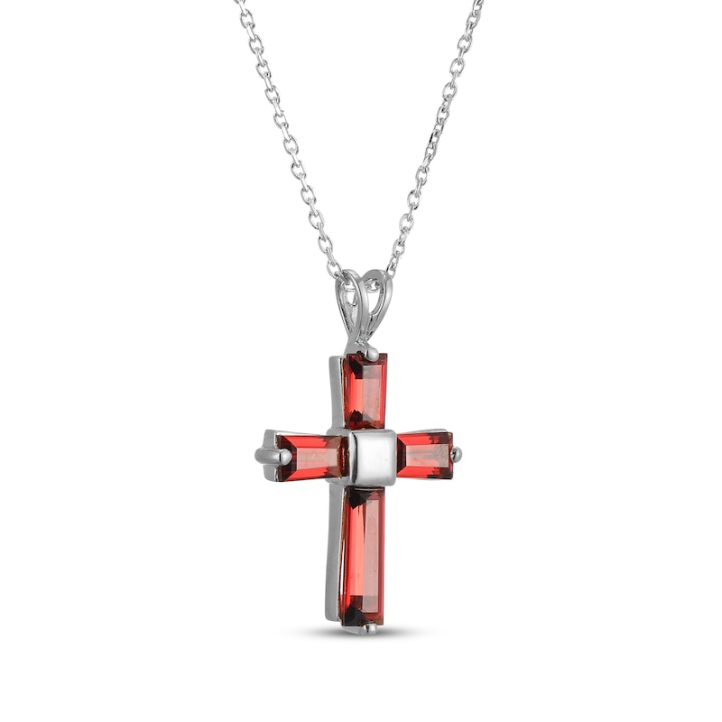 Main Image 2 of Baguette-Garnet Cross Necklace Sterling Silver 18&quot;