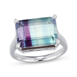 Emerald-Cut Fluorite & White Lab-Created Sapphire Ring Sterling Silver