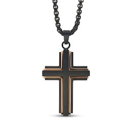 Men's Cross Necklace Black & Rose Ion-Plated Stainless Steel 24&quot;