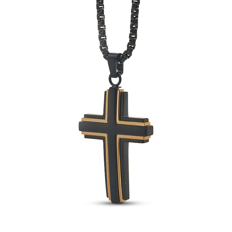 Main Image 2 of Men's Cross Necklace Black & Rose Ion-Plated Stainless Steel 24&quot;