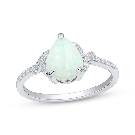 Pear-Shaped Lab-Created Opal & White Lab-Created Sapphire Ring Sterling Silver