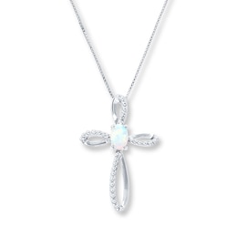 Cross Necklace Lab-Created Opal Sterling Silver