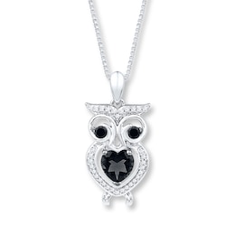 Black Onyx Owl Necklace 1/8 ct tw Diamonds Sterling Silver