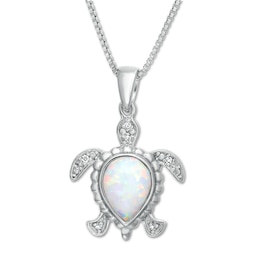 Turtle Necklace Lab-Created Opal with Diamonds Sterling Silver