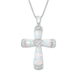 Cross Necklace Lab-Created Opal with Diamonds Sterling Silver