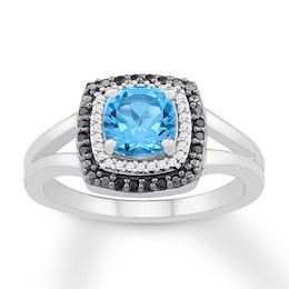 Blue Topaz Ring 1/8 ct tw Diamonds Sterling Silver