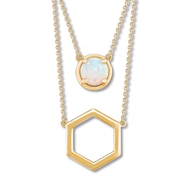 Lab-Created Opal & Hexagon Layered Necklace 10K Yellow Gold