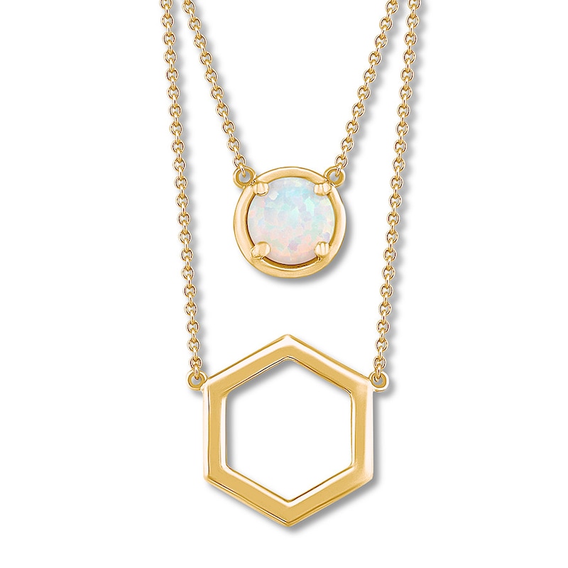 Main Image 1 of Lab-Created Opal & Hexagon Layered Necklace 10K Yellow Gold